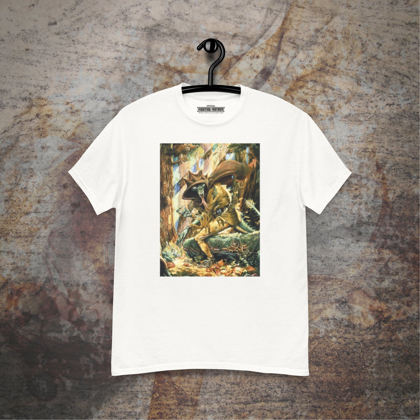 Forest of Doom design on a white t-shirt hanging in front of a stone wall background.