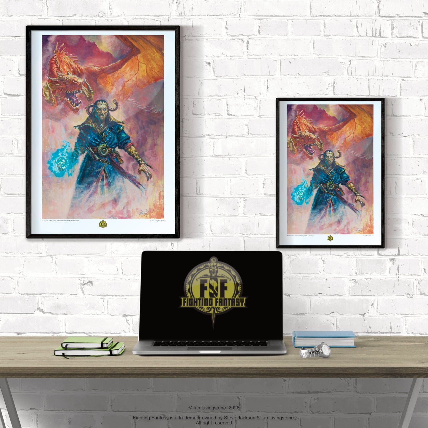 Official Karl Kopinski art print: The Warlock Zagor from Firetop Mountain, depicted in a dark, atmospheric style for the Fighting Fantasy collector's edition. Shown framed on a white wall in two sizes, A3 and A4, behind a desk with a laptop featuring the Fighting Fantasy logo.