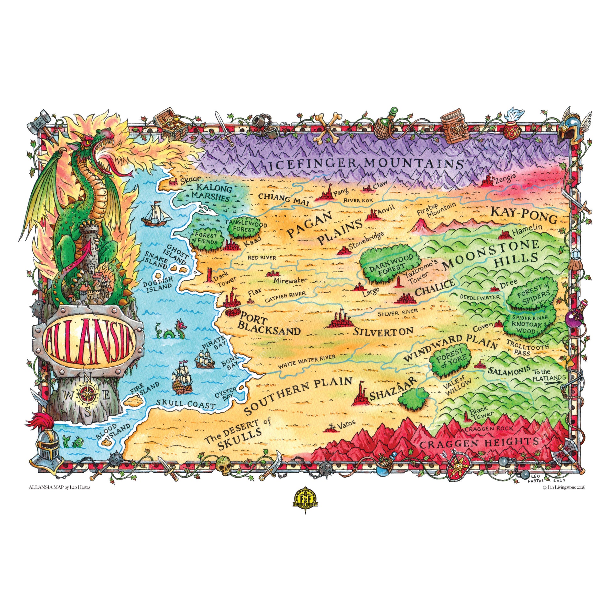 Official art print of NW Allansia: A beautifully detailed fantasy map of the 'Land of Adventure' illustrated by Leo Hartas.