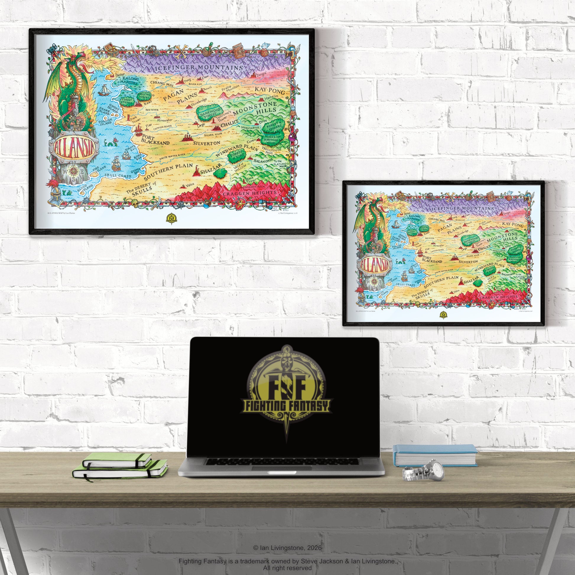 Official art print of NW Allansia: A beautifully detailed fantasy map of the 'Land of Adventure' illustrated by Leo Hartas. Shown framed on a white wall in two sizes, A3 and A4, behind a desk with a laptop featuring the Fighting Fantasy logo.