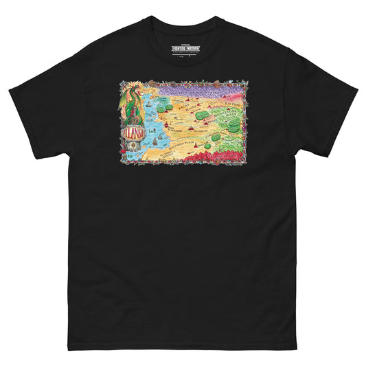 Allansia map on a black t-shirt against a white background.