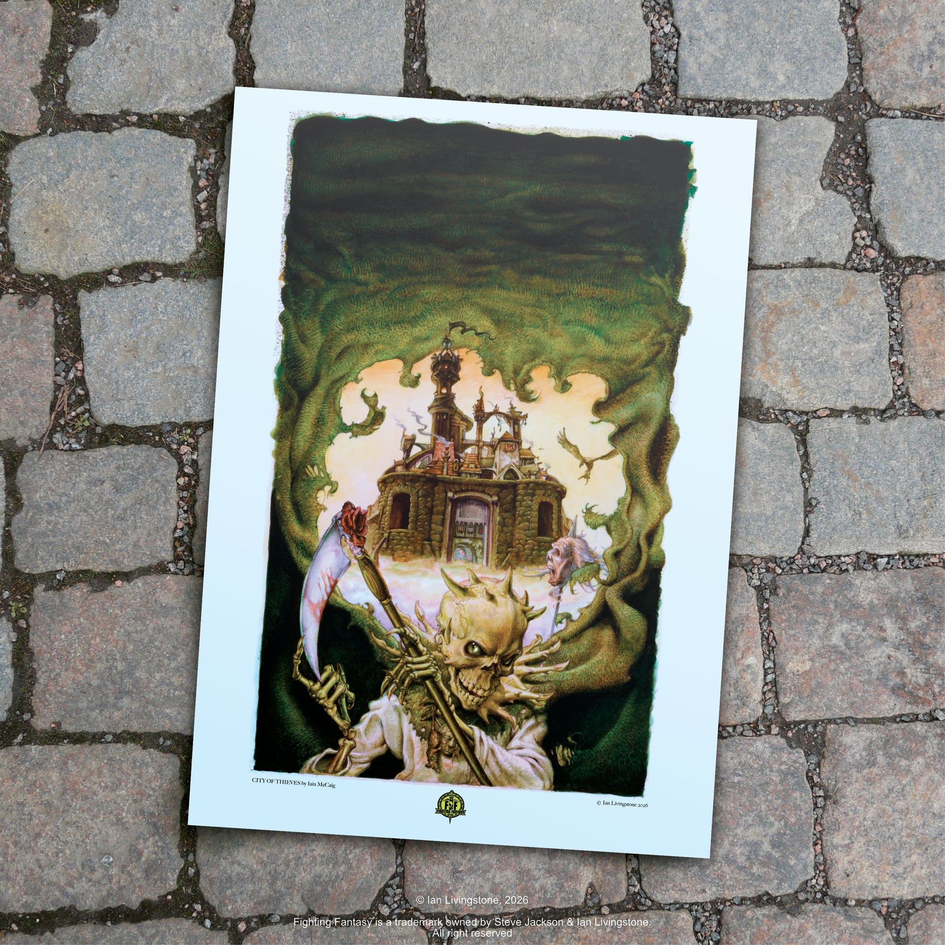 Official art print of City of Thieves cover by Iain McCaig; features the skeletal Night Prince, Zanbar Bone, in tattered robes against a dark background. Art print shown lying on a stone background.