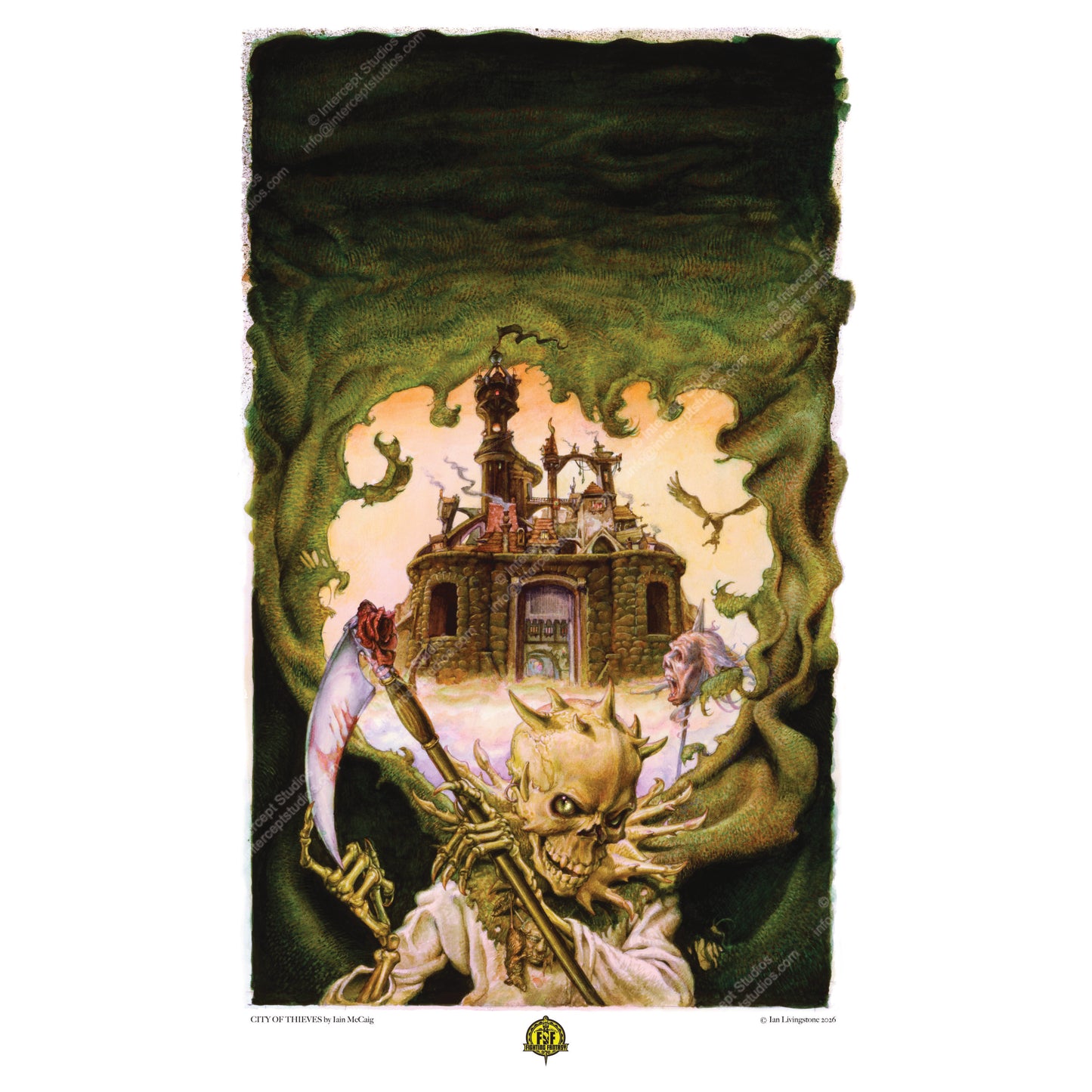 Official art print of City of Thieves cover by Iain McCaig; features the skeletal Night Prince, Zanbar Bone, in tattered robes against a dark background.