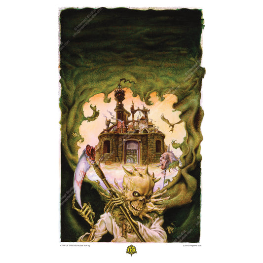 Official art print of City of Thieves cover by Iain McCaig; features the skeletal Night Prince, Zanbar Bone, in tattered robes against a dark background.