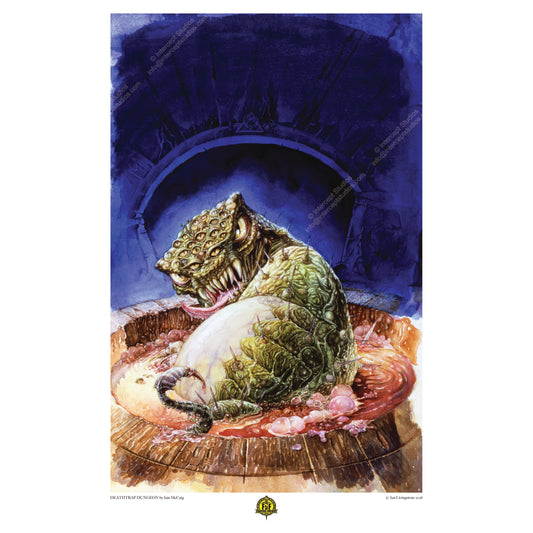 Official art print of the Bloodbeast, the iconic monster from the 1984 Deathtrap Dungeon book cover by artist Iain McCaig; vintage fantasy illustration.