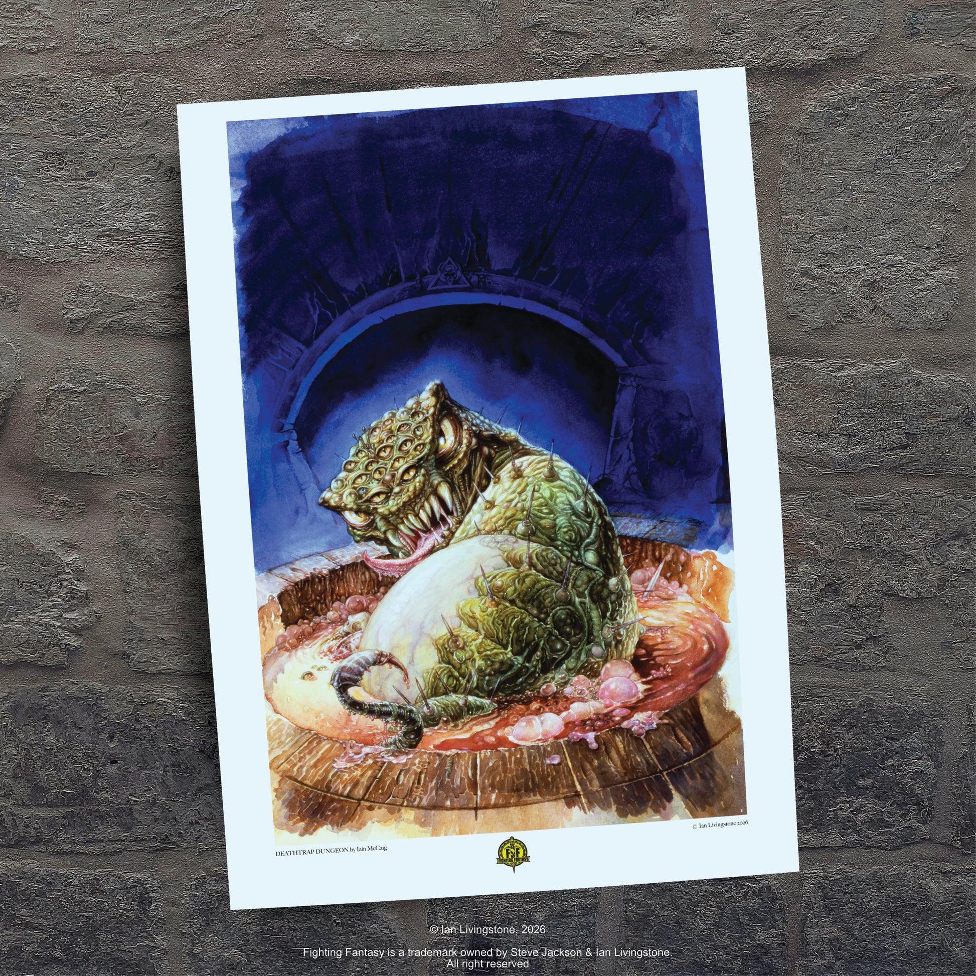 Official art print against a stone background of the Bloodbeast, the iconic monster from the 1984 Deathtrap Dungeon book cover by artist Iain McCaig; vintage fantasy illustration.