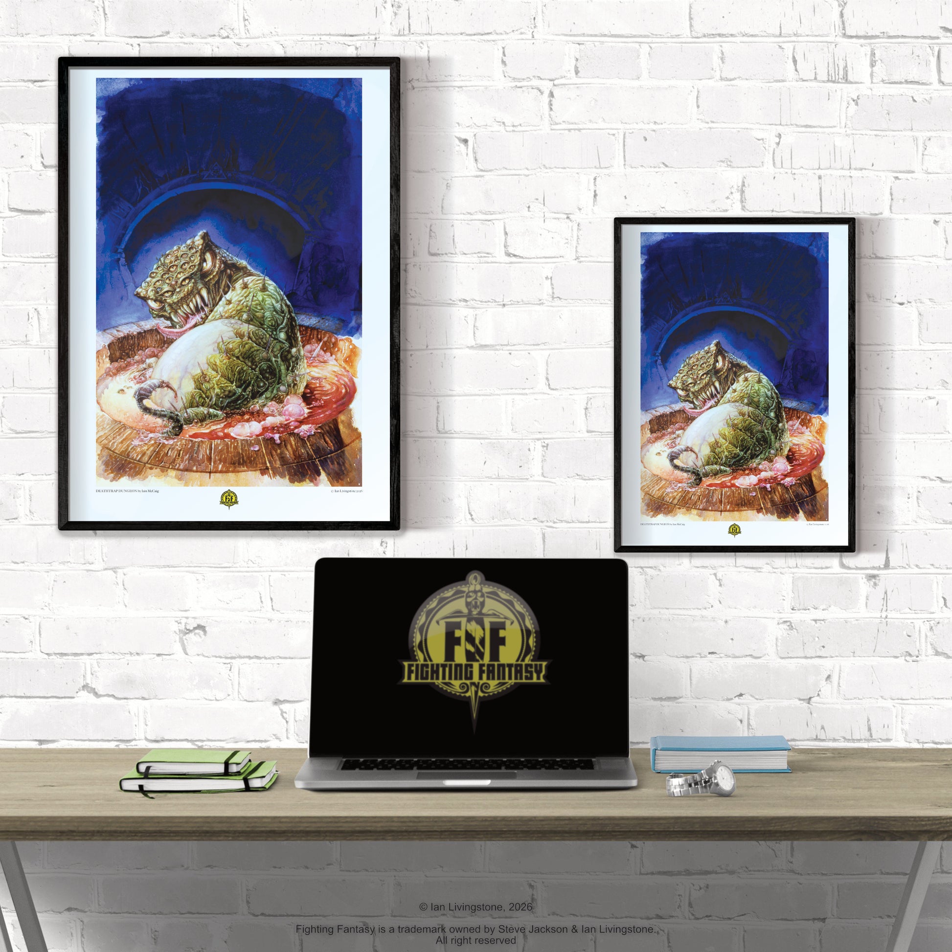 Official art print of the Bloodbeast, the iconic monster from the 1984 Deathtrap Dungeon book cover by artist Iain McCaig; vintage fantasy illustration. Shown framed on a white wall in two sizes, A3 and A4, behind a desk with a laptop featuring the Fighting Fantasy logo.