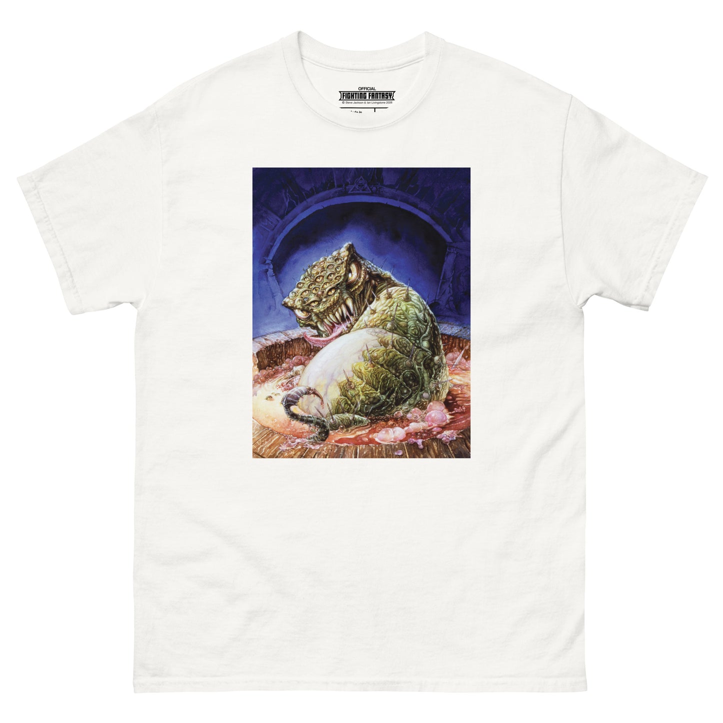 Deathtrap Dungeon on a white t-shirt against a white background.