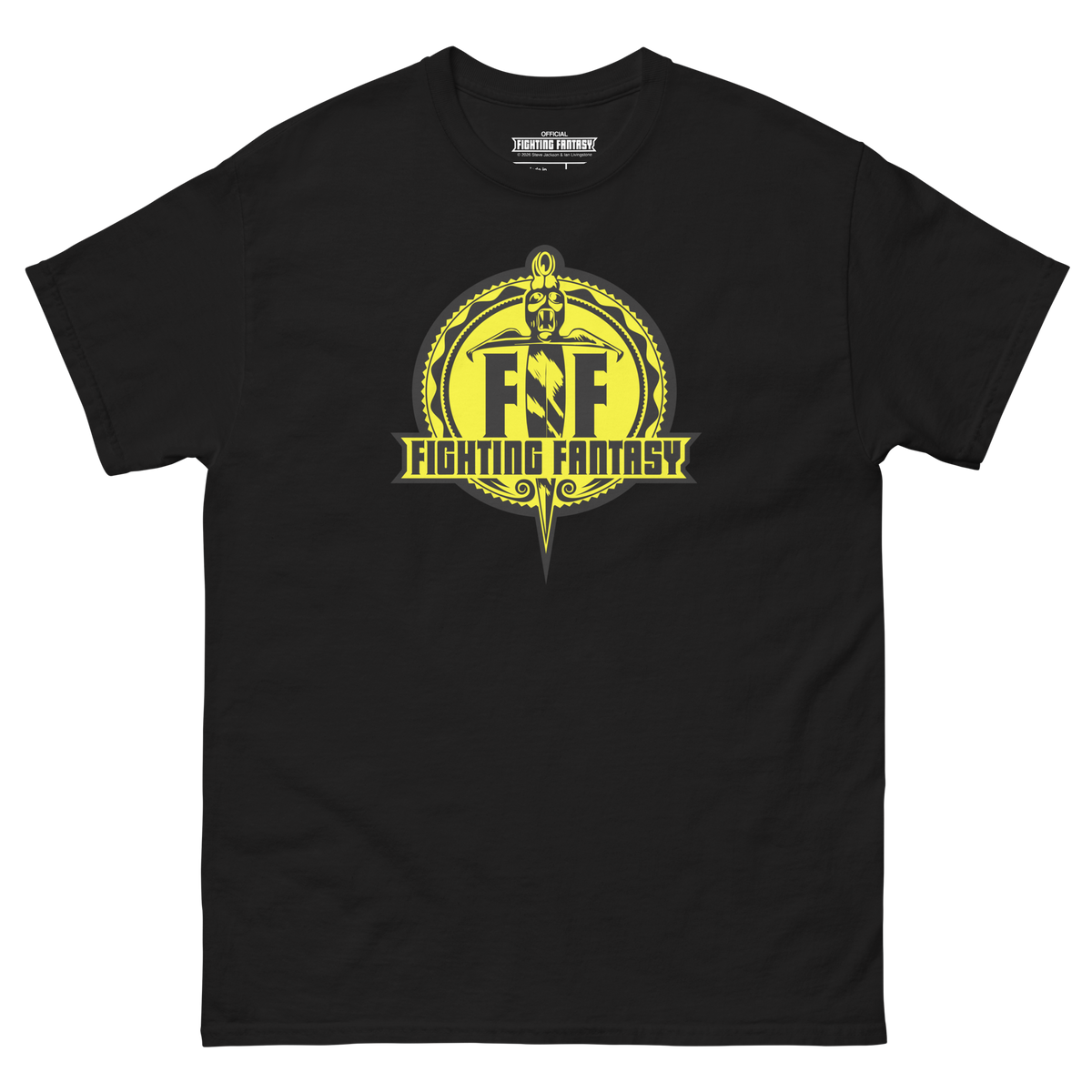 Official Fighting Fantasy logo printed on a premium black t-shirt.