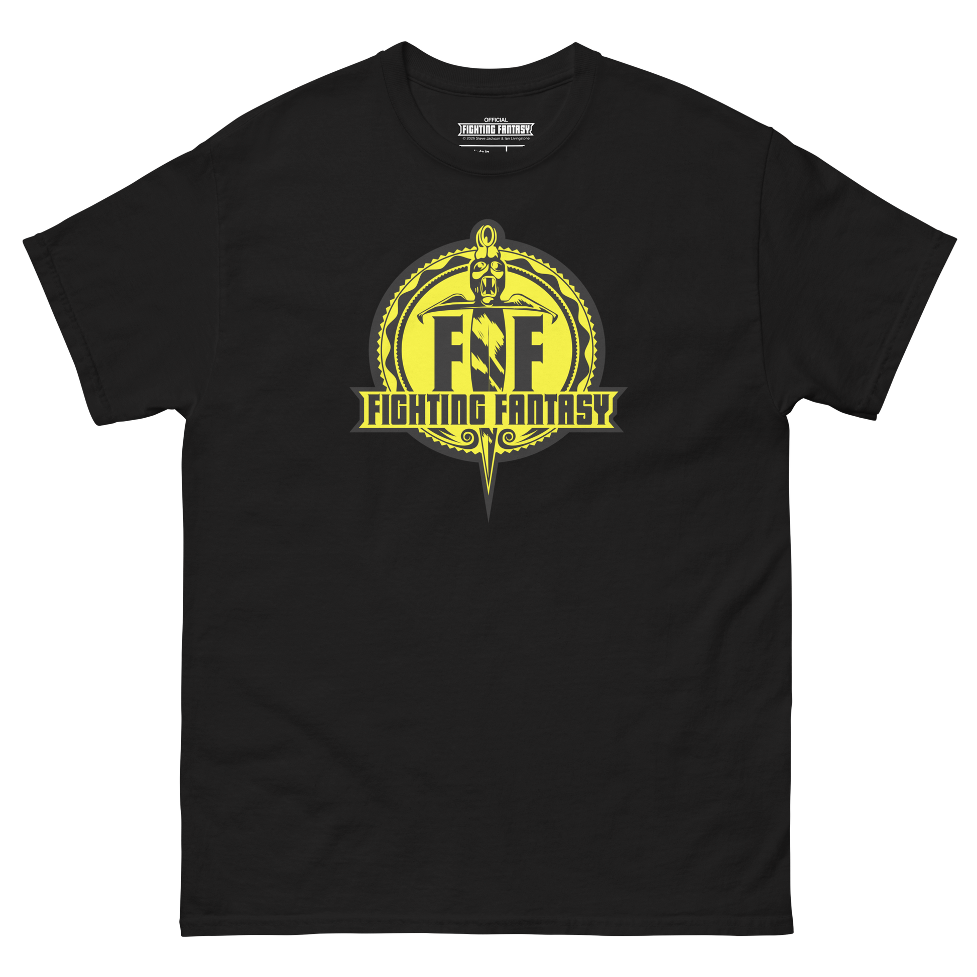 Official Fighting Fantasy logo printed on a premium black t-shirt.