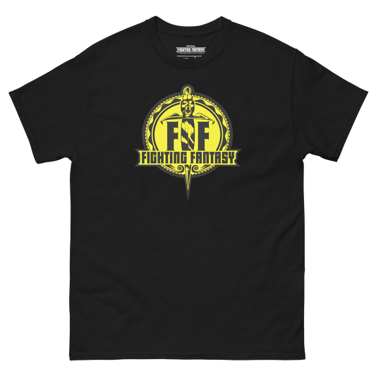 Official Fighting Fantasy logo printed on a premium black t-shirt.