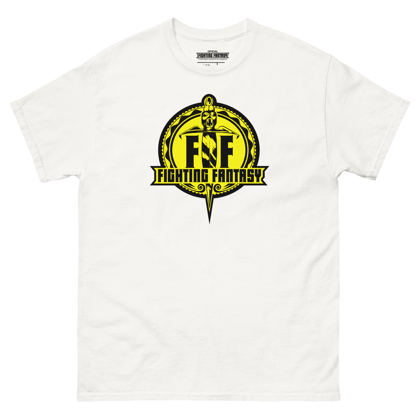 Official Fighting Fantasy logo printed on a premium white t-shirt.