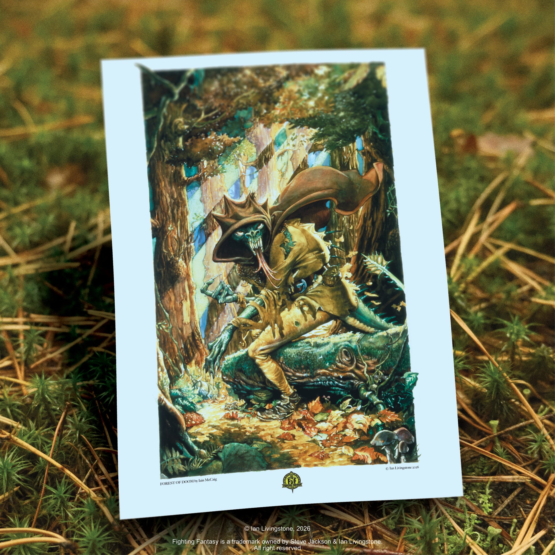 Official art print of the Forest of Doom cover by Iain McCaig, featuring the Shape Changer monster emerging from a dark, misty woodland. Art print sitting on top of bush in a natural environment.