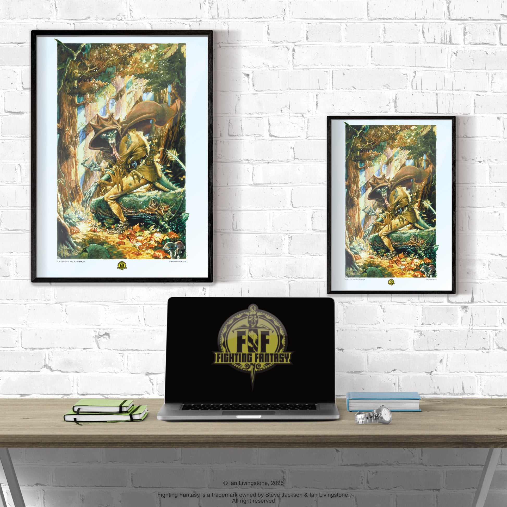 Official art print of the Forest of Doom cover by Iain McCaig, featuring the Shape Changer monster emerging from a dark, misty woodland. Shown framed on a white wall in two sizes, A3 and A4, behind a desk with a laptop featuring the Fighting Fantasy logo.