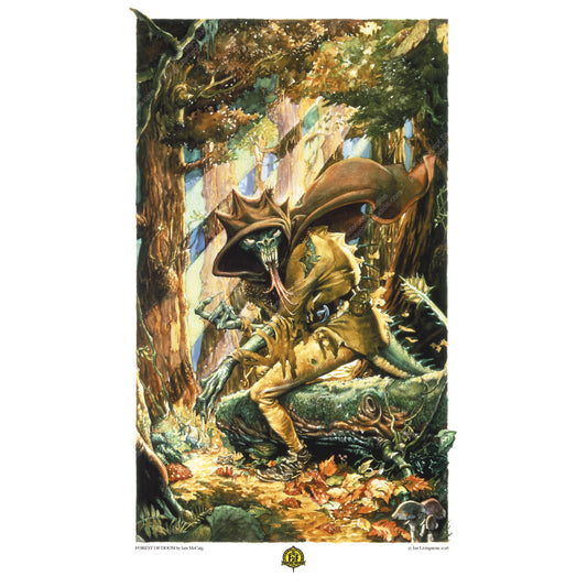 Official art print of the Forest of Doom cover by Iain McCaig, featuring the Shape Changer monster emerging from a dark, misty woodland.