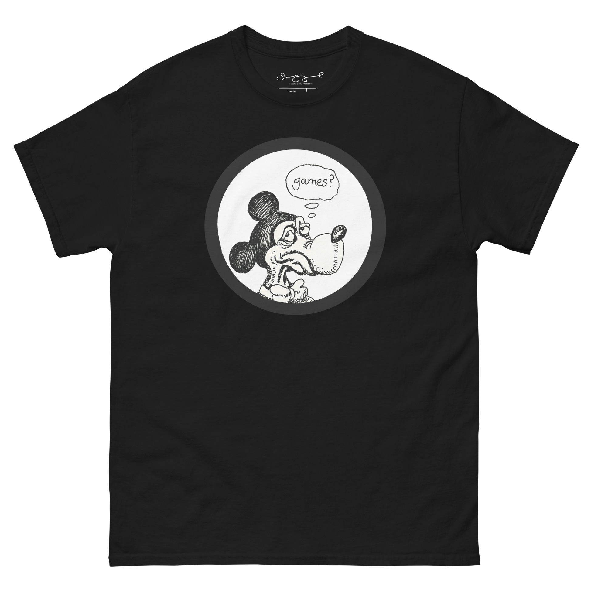 Games? design on a black t-shirt against a transparent background.
