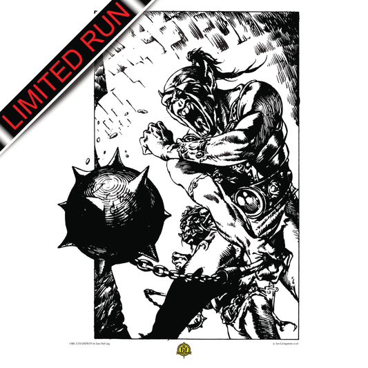 Official art print of the Orc Champion; iconic 1984 internal line art by Iain McCaig from Deathtrap Dungeon, published by Puffin Books.
