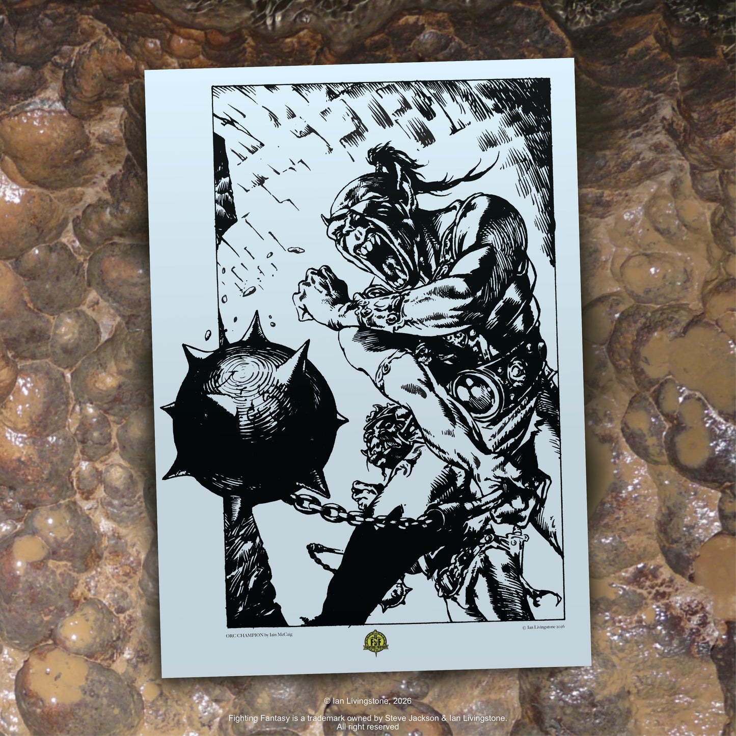Official art print of the Orc Champion; iconic 1984 internal line art by Iain McCaig from Deathtrap Dungeon, published by Puffin Books. Art print shown against a wet stone surface in a cave.