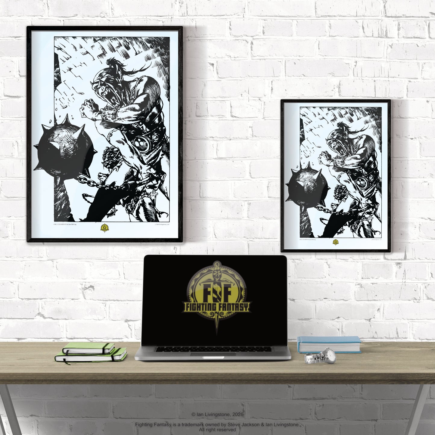 Official art print of the Orc Champion; iconic 1984 internal line art by Iain McCaig from Deathtrap Dungeon, published by Puffin Books. Shown framed on a white wall in two sizes, A3 and A4, behind a desk with a laptop featuring the Fighting Fantasy logo.