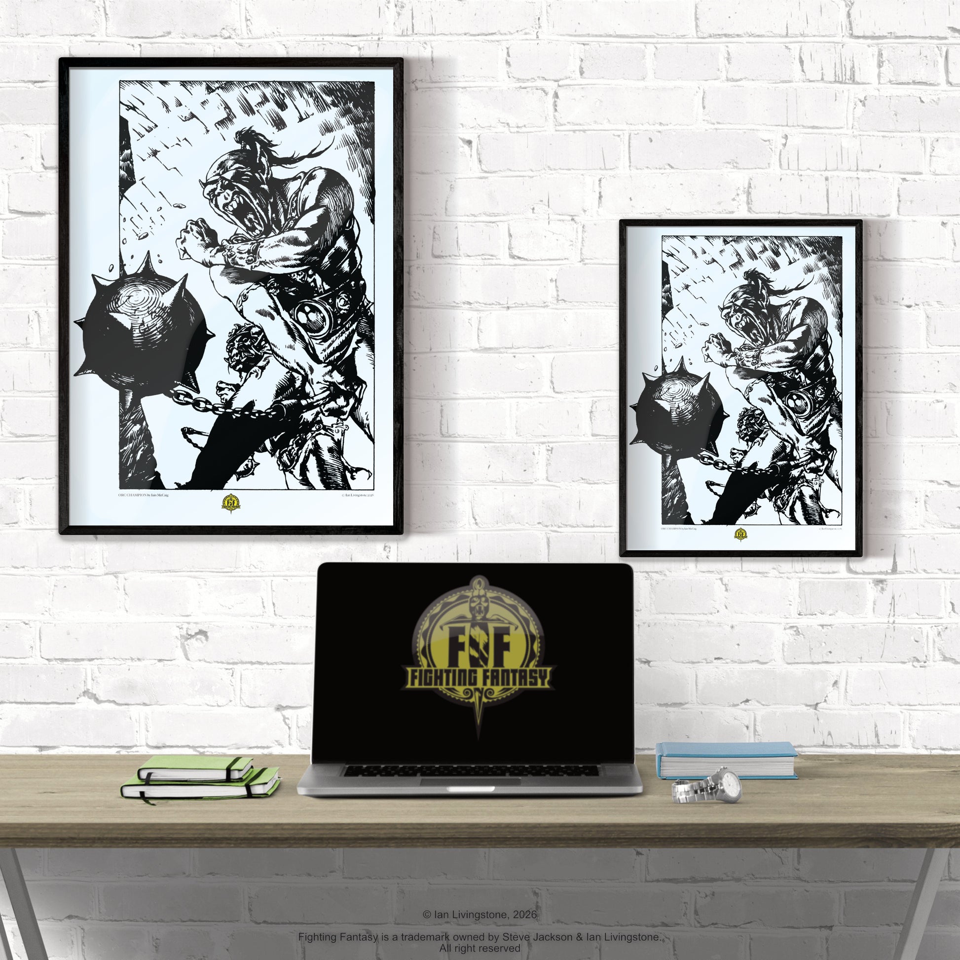 Official art print of the Orc Champion; iconic 1984 internal line art by Iain McCaig from Deathtrap Dungeon, published by Puffin Books. Shown framed on a white wall in two sizes, A3 and A4, behind a desk with a laptop featuring the Fighting Fantasy logo.