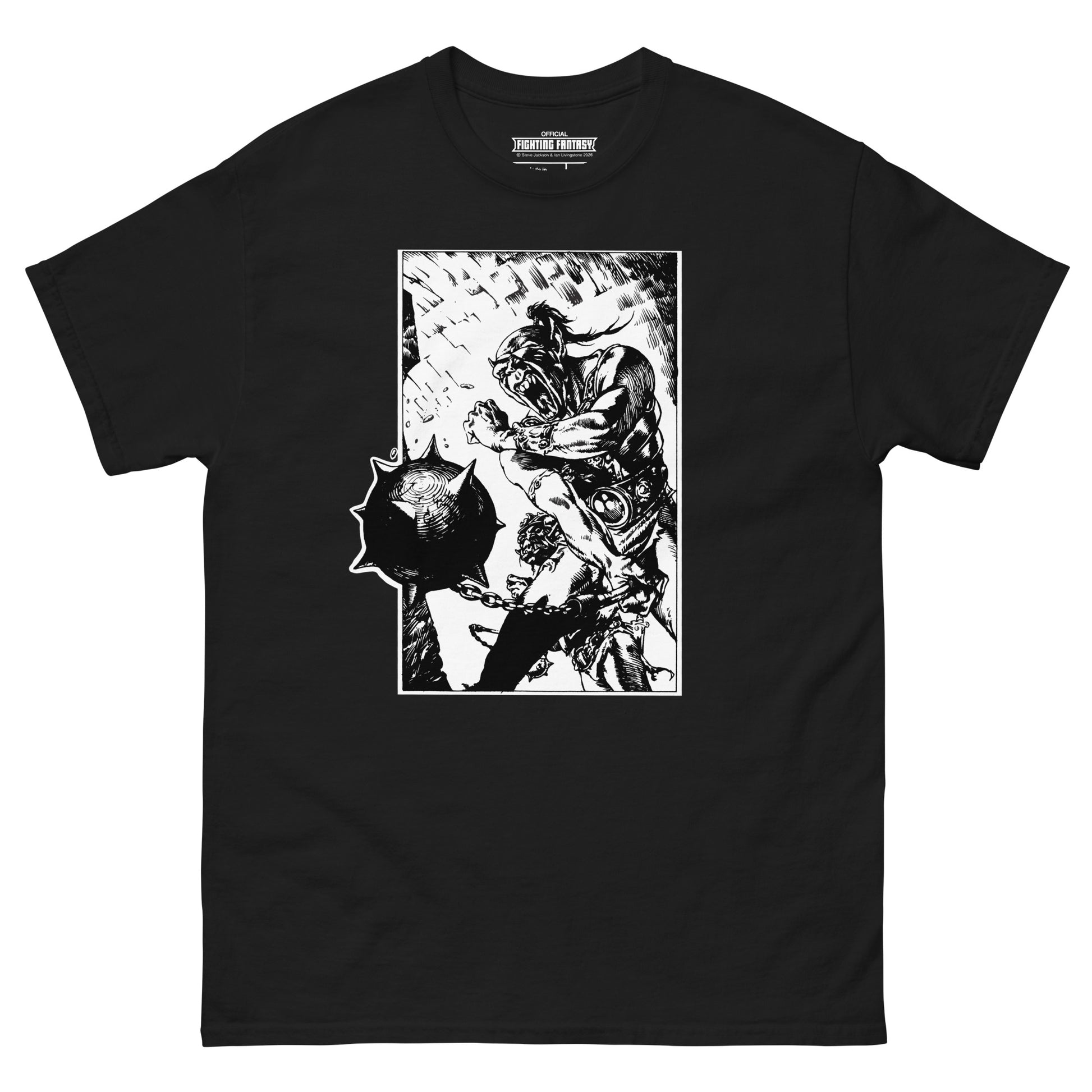 Orc Champion on a black t-shirt against a white background.