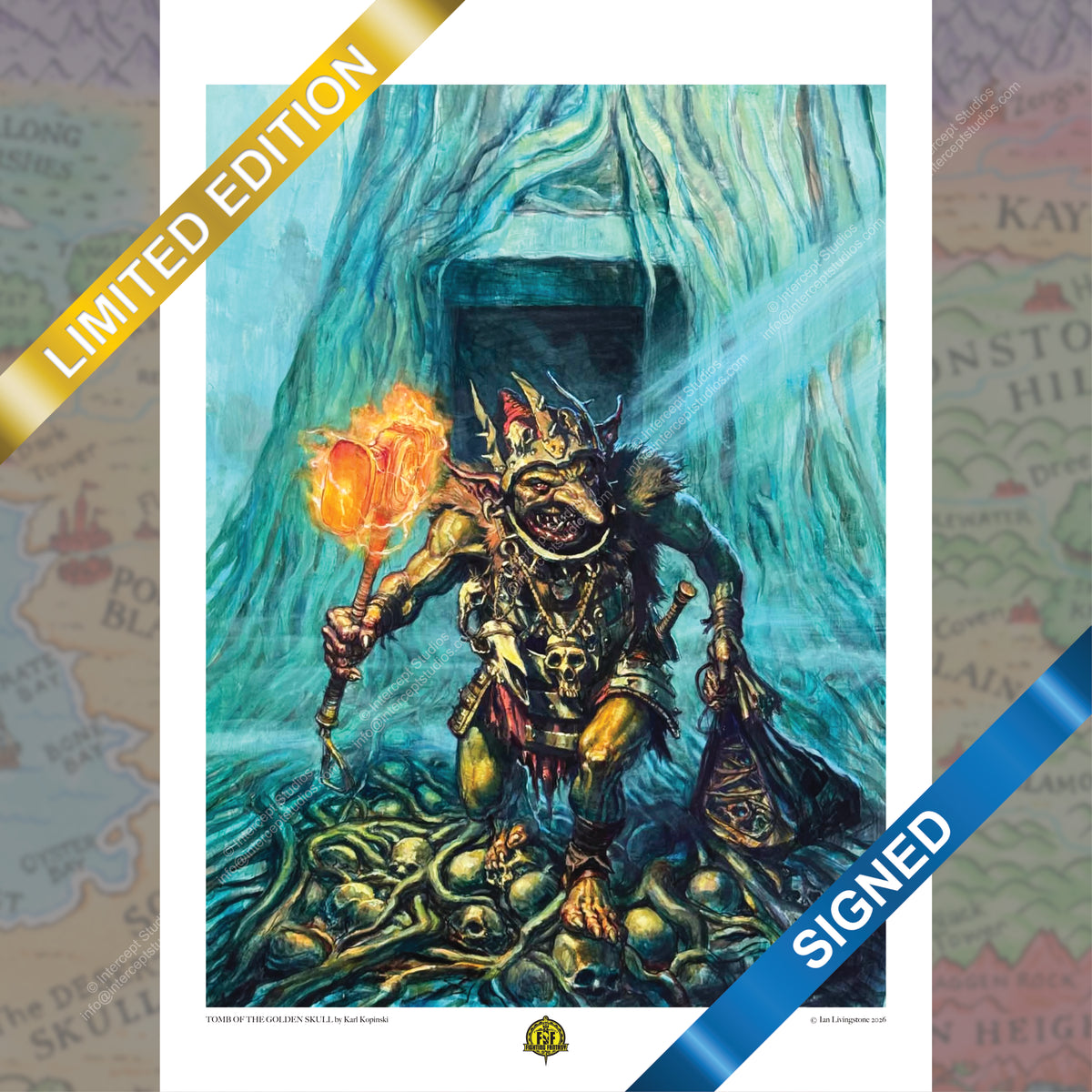 A fantasy art print featuring a goblin-like creature holding a flaming torch in a blue-green cave, with a white border and promotional corner banners reading LIMITED EDITION and SIGNED.