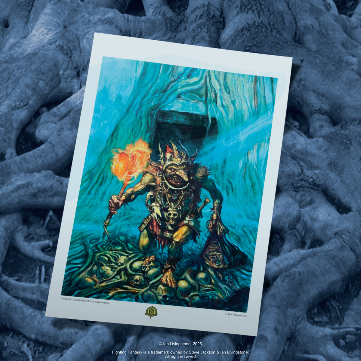 A fantasy art print titled featuring a detailed illustration of a goblin warrior holding a flaming axe by a teal, gnarly tree with winding roots and skulls. The print is displayed at an angle on a textured, dark gray, organic surface.