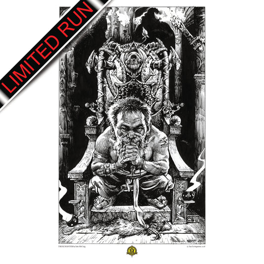 Official art print of Torgrim the Dwarf trialmaster; original 1984 internal line art by Iain McCaig from the Deathtrap Dungeon book.