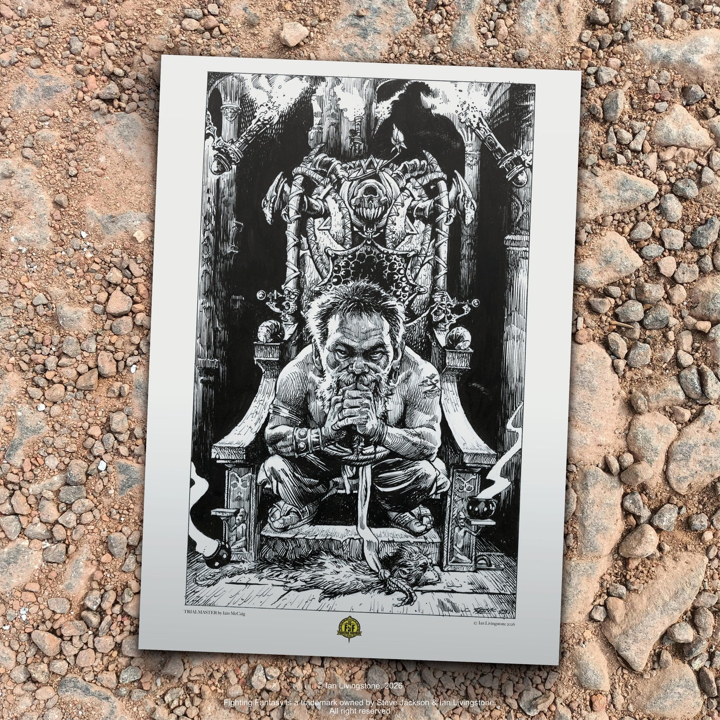 Official art print of Torgrim the Dwarf trialmaster; original 1984 internal line art by Iain McCaig from the Deathtrap Dungeon book. Art print shown lying on an earthy and stone path.