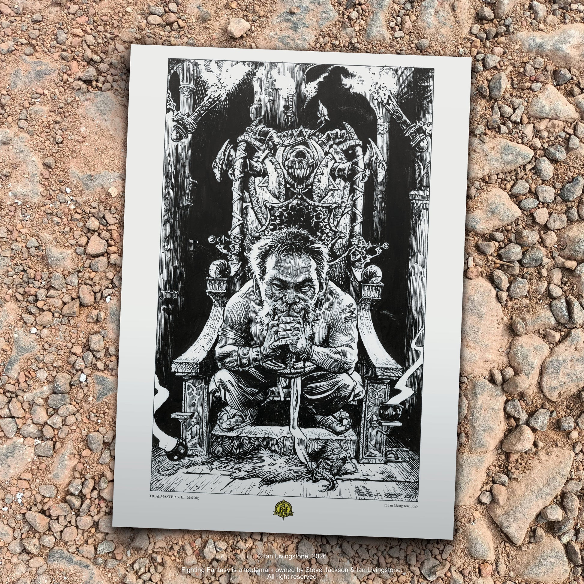 Official art print of Torgrim the Dwarf trialmaster; original 1984 internal line art by Iain McCaig from the Deathtrap Dungeon book. Art print shown lying on an earthy and stone path.