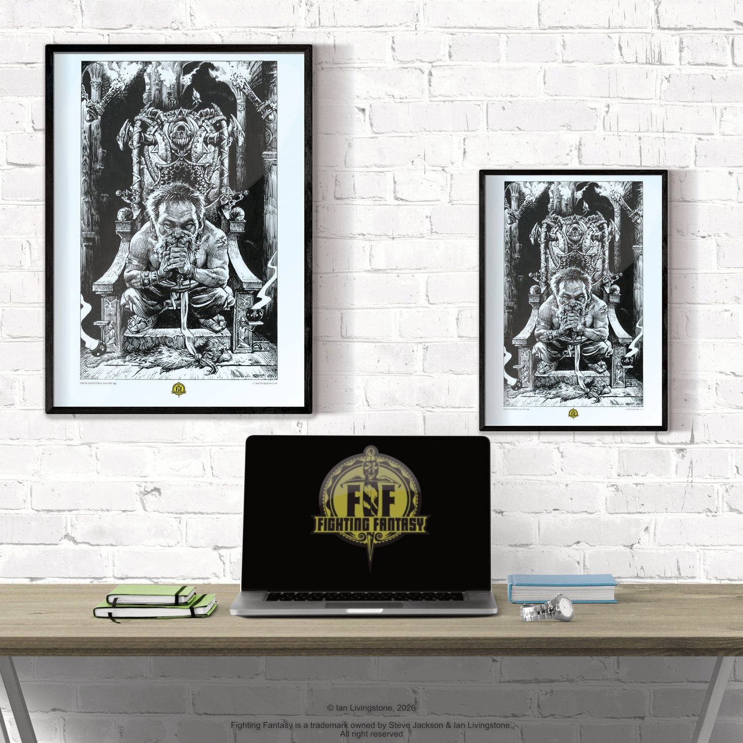 Official art print of Torgrim the Dwarf trialmaster; original 1984 internal line art by Iain McCaig from the Deathtrap Dungeon book. Shown framed on a white wall in two sizes, A3 and A4, behind a desk with a laptop featuring the Fighting Fantasy logo.