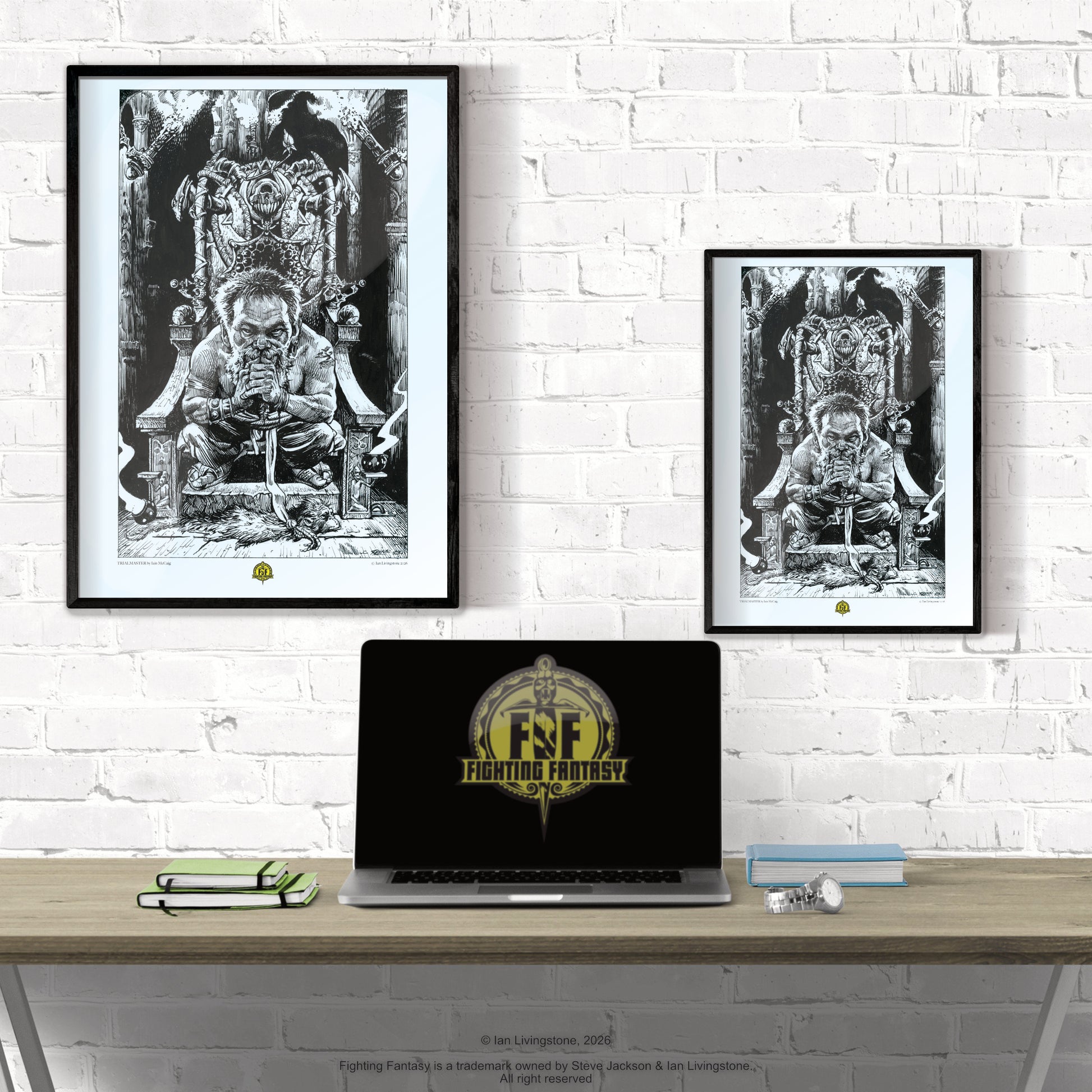 Official art print of Torgrim the Dwarf trialmaster; original 1984 internal line art by Iain McCaig from the Deathtrap Dungeon book. Shown framed on a white wall in two sizes, A3 and A4, behind a desk with a laptop featuring the Fighting Fantasy logo.
