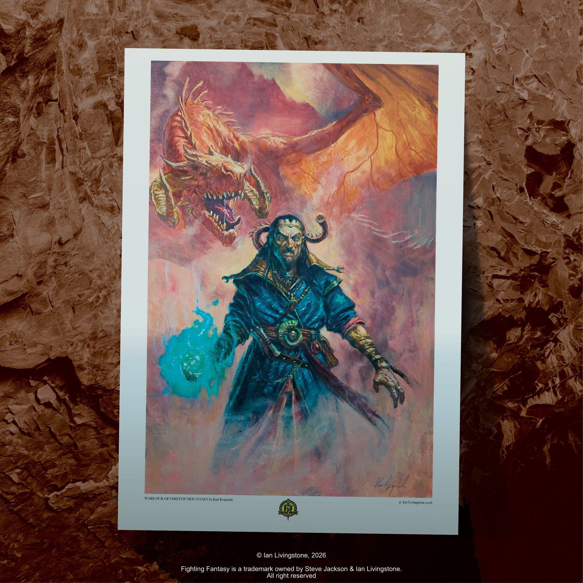 Official Karl Kopinski art print: The Warlock Zagor from Firetop Mountain, depicted in a dark, atmospheric style for the Fighting Fantasy collector's edition. Art print shown against a red stone background.