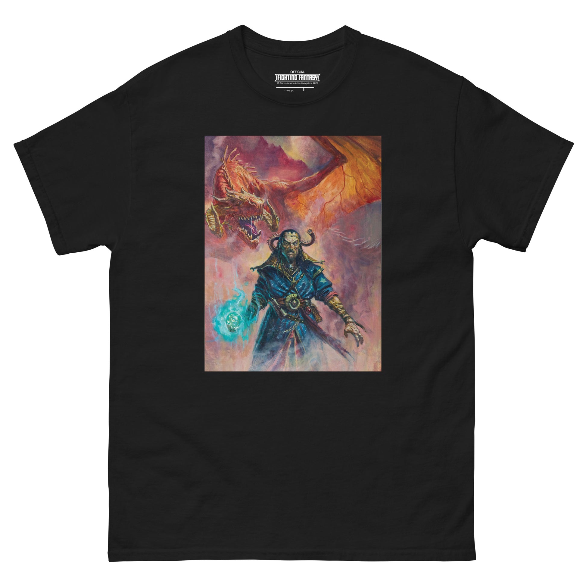 Warlock of Firetop Mountain on a black t-shirt against a white background.