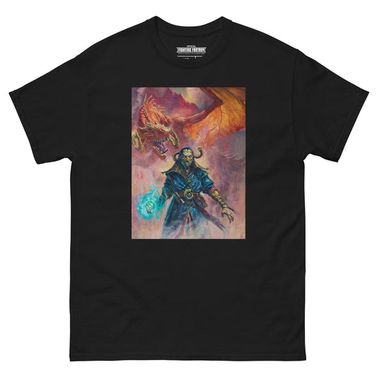 Warlock of Firetop Mountain on a black t-shirt against a white background.