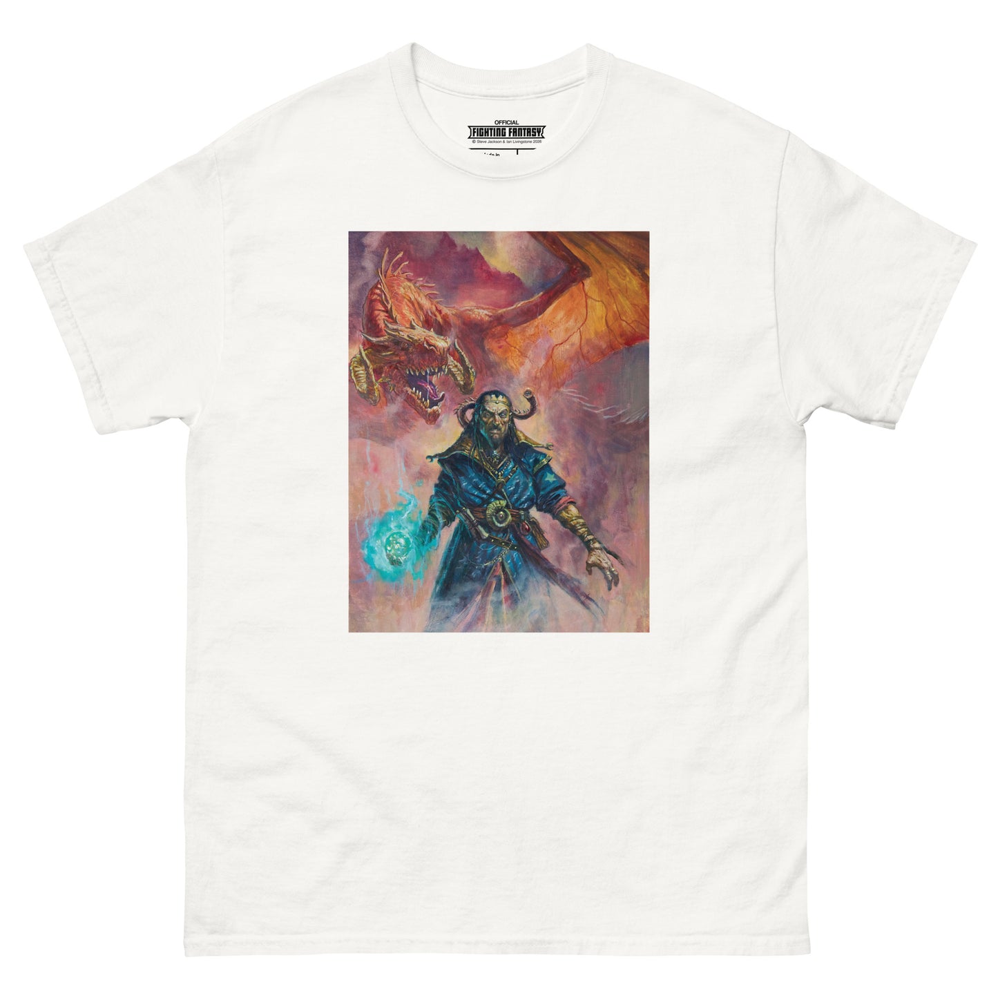 Warlock of Firetop Mountain on a white t-shirt against a white background.