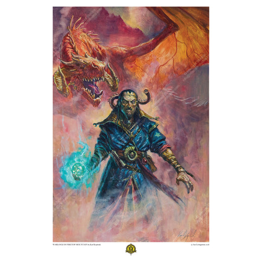 Official Karl Kopinski art print: The Warlock Zagor from Firetop Mountain, depicted in a dark, atmospheric style for the Fighting Fantasy collector's edition.