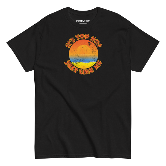 Distressed retro circular graphic on a t-shirt featuring a vibrant sun with red, orange, blue, and yellow hues, with the text "It's Too Hot Just Like Me" in a vintage surf style.