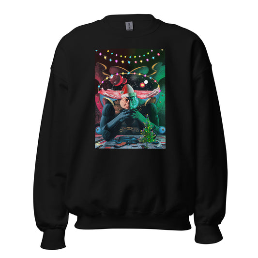 Rings of Kether cover art with Christmas themed alterations on a black sweatshirt.